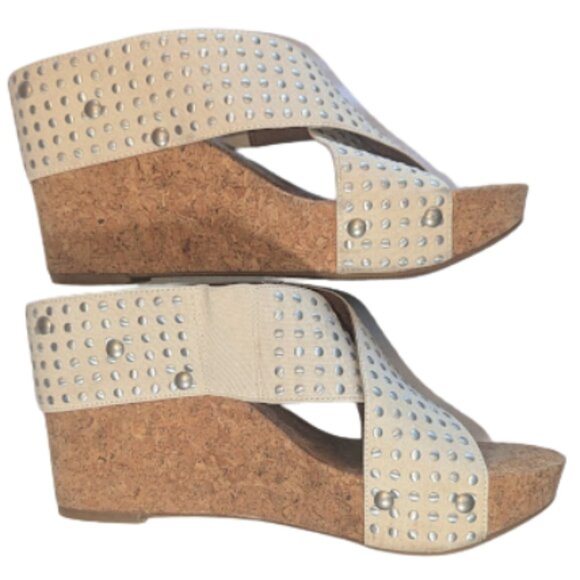 Lucky Brand Miller/MyKayla Studded Cork Wedge Sandals Beige Crisscross *SZ 7.5 - Picture 5 of 7